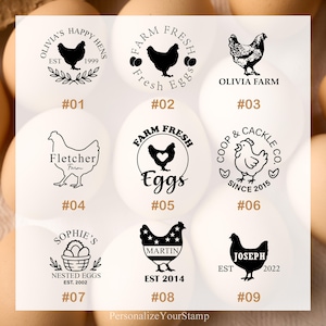 May include: A collection of nine egg stamp designs featuring various chicken illustrations and text. The stamps include phrases like "Farm Fresh Eggs," "Olivia's Happy Hens," and "Sophie's Nested Eggs." The designs are in black ink.