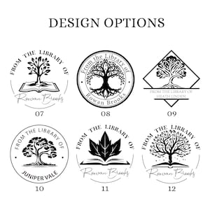 May include: Twelve different designs for a bookplate featuring a tree, book, and text. The text reads "From the Library of" followed by a name. The designs are numbered 07 through 12.