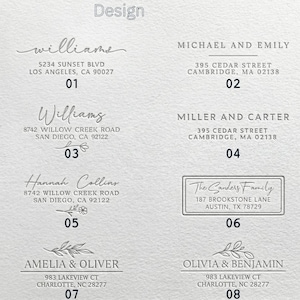 May include: A collection of eight address designs with names, addresses, and numbers. The designs feature various fonts and layouts, including floral and leaf accents. The word "Design" is at the top.