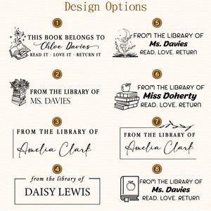 May include: A collection of eight black ink stamp design options labeled Design Options. Each design features text such as This Book Belongs To, From The Library Of, and names like Chloe Davies, Ms. Davies, Miss Doherty, Amelia Clark, and Daisy Lewis.