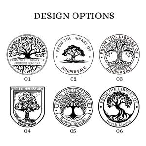 May include: Six different designs for a bookplate featuring a tree with the text "From the Library of" and a name. The designs include a tree with roots, a tree with a Celtic knot, a tree in a shield, a tree with a circle around it, and a tree with a circle around it with a Celtic knot.