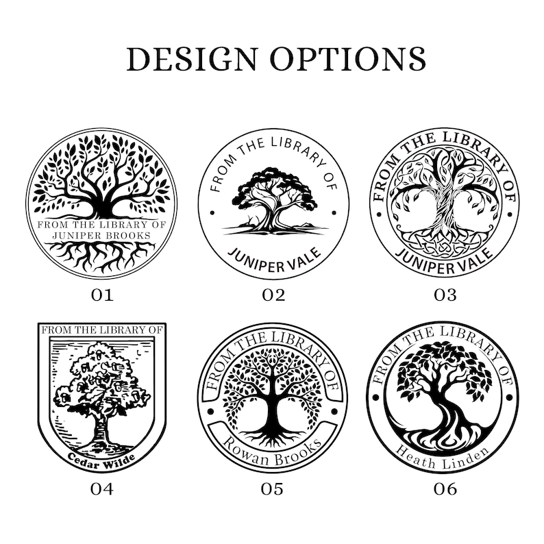 May include: Six different designs for a bookplate featuring a tree with the text "From the Library of" and a name. The designs include a tree with roots, a tree with a Celtic knot, a tree in a shield, a tree with a circle around it, and a tree with a circle around it with a Celtic knot.