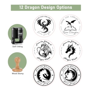 TAMPON DE LIVRE personnalisé, 12 dessins de dragons, Tampon auto-encreur, Embosseuse de livre, Tampon personnalisé, Tampon d'ex-libris, Cadeau pour amoureux des livres