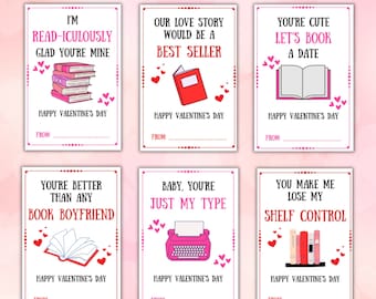 Printable Valentine's Cards for Book Lovers - Instant Download - 6 Reading Related Valentine's Day Cards (3 x 4.5")