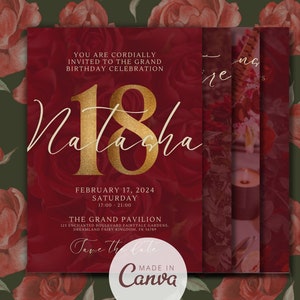 Modelo de cartão de convite de aniversário de 18 anos totalmente editável elegante dourado e rosas vermelhas jardim floral encantado festa real celebração para debutante
