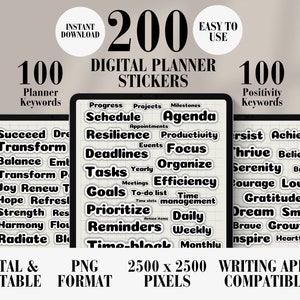 Digitale Planer Sticker Kit 200 Stück Bundle druckbare, einfache Organisation und Positivität Journal Scrapbooking Elemente, PNG Texte