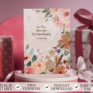 Printable Floral Mother’s Day Greeting Card, Watercolor Flowers Birthday Card, Personalized Gift for Mom, Pastel Pink Letter Present Digital