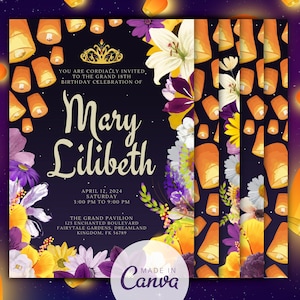 Modèle de carte d'invitation 18e anniversaire, lanternes flottantes élégantes entièrement modifiables, célébration de garden-party florale jaune violet pour débutant
