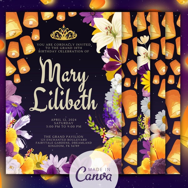 18th Birthday Invitation Card Template Fully Editable Elegant Floating Lanterns, Purple Yellow Floral Garden Party Celebration for Debutant