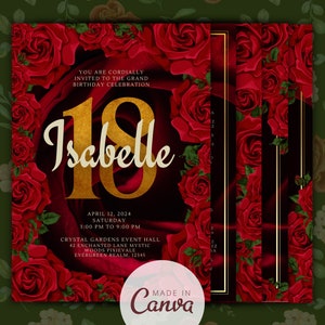 18th Birthday Invitation Card Template Full Editable Elegant Gold and Red Roses Enchanted Floral Garden Royal Party Celebration for Debutant