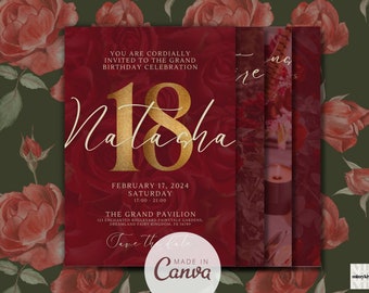18th Birthday Invitation Card Template Full Editable Elegant Gold and Red Roses Enchanted Floral Garden Royal Party Celebration for Debutant