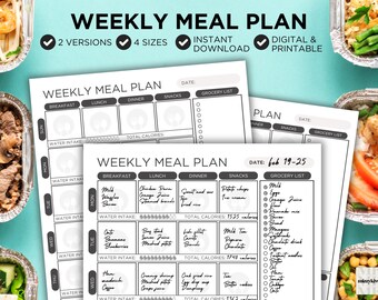 Weekly Meal Planner and Grocery List Printable Meal Prep Planner, Food Journal, Diet Planner Food Diary, Calorie Tracker Health and Wellness