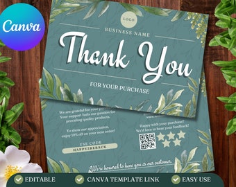 May include: A blue and green thank you card with a floral design. The card says "Thank You" in large white letters and "For Your Purchase" in smaller white letters. The card also includes a discount code, "HAPPY2BEBACK", and a QR code.
