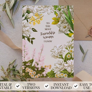 Tarjeta de felicitación floral vintage imprimible para el día de la madre, tarjeta de cumpleaños de flores rústicas, regalo personalizado para mamá, carta beige presente para esposa