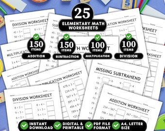 Wiskundewerkbladen voor elementaire activiteitenbladen Thuisschoolactiviteiten voor elementaire wiskunde Optellen, aftrekken, vermenigvuldigen, delen