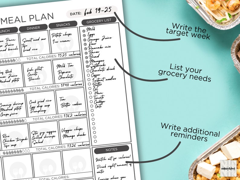 Weekly Meal Planner and Grocery List Printable Meal Prep Planner, Food ...