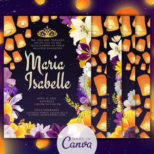 Quinceañera Invitación Tarjeta Plantilla Editable Cuento de Hadas 15 Cumpleaños Personalizado, Violeta Púrpura Amarillo Noche Cielo Floral Linternas Flotantes