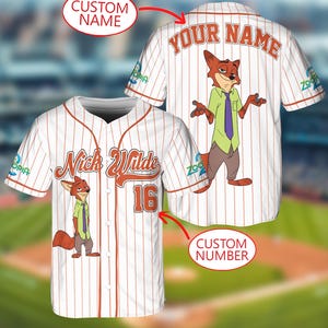 May include: White baseball jersey with red pinstripes featuring a cartoon fox character. The jersey has the name "Nick Wilde" and the number "16" on the front. The back of the jersey has the text "YOUR NAME" and a cartoon fox.