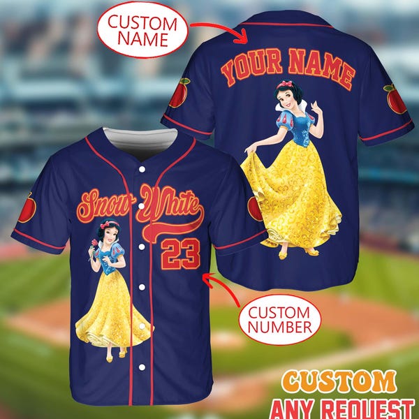 Camiseta de béisbol de la princesa Blancanieves de Disney con nombre personalizado, camiseta personalizada de Blancanieves, camiseta de cumpleaños de princesa, camiseta Disney 2026