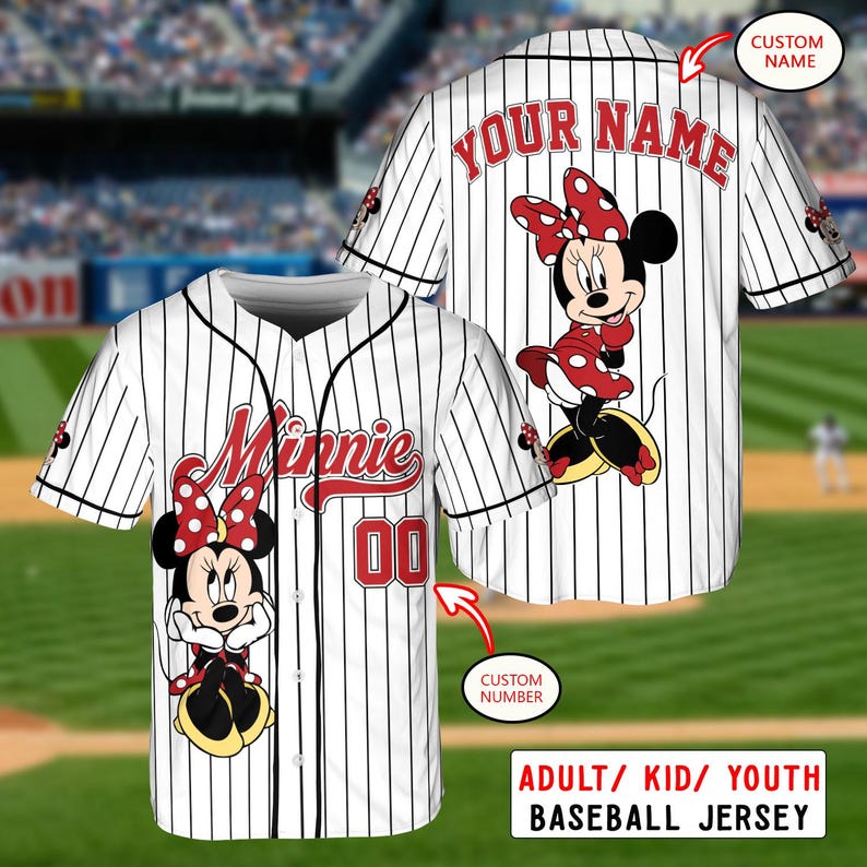 May include: White baseball jersey with black pinstripes featuring Minnie Mouse graphics. The jersey has the word "Minnie" in red script on the front, along with the number "00". The back of the jersey has the text "YOUR NAME".