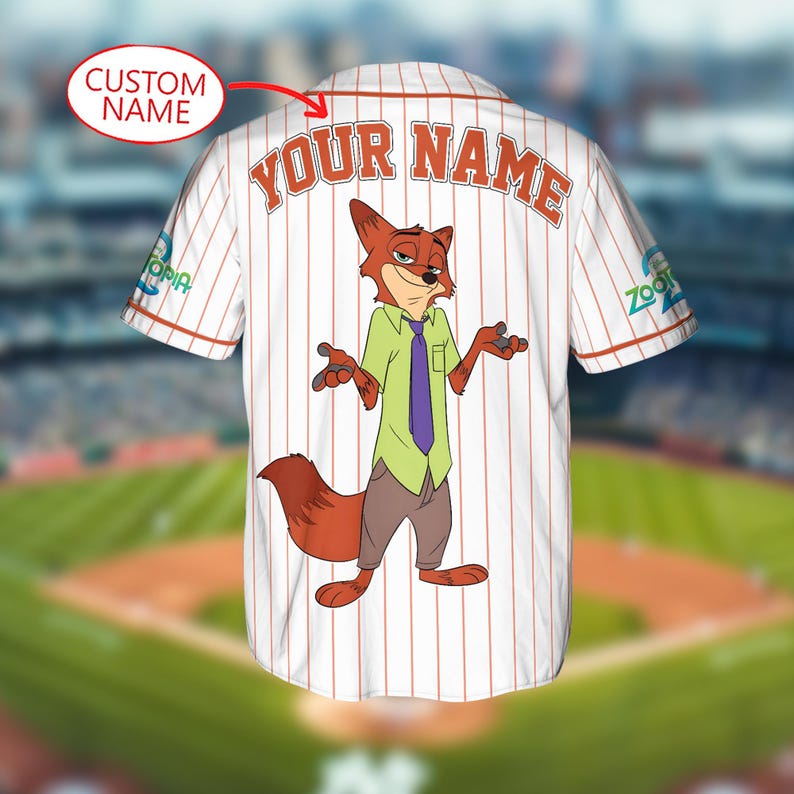 May include: White baseball jersey with red pinstripes, featuring a cartoon fox character in a green shirt and purple tie. The jersey has the text "YOUR NAME" across the back and "CUSTOM NAME" above. The sleeves have the text "Zootopia".