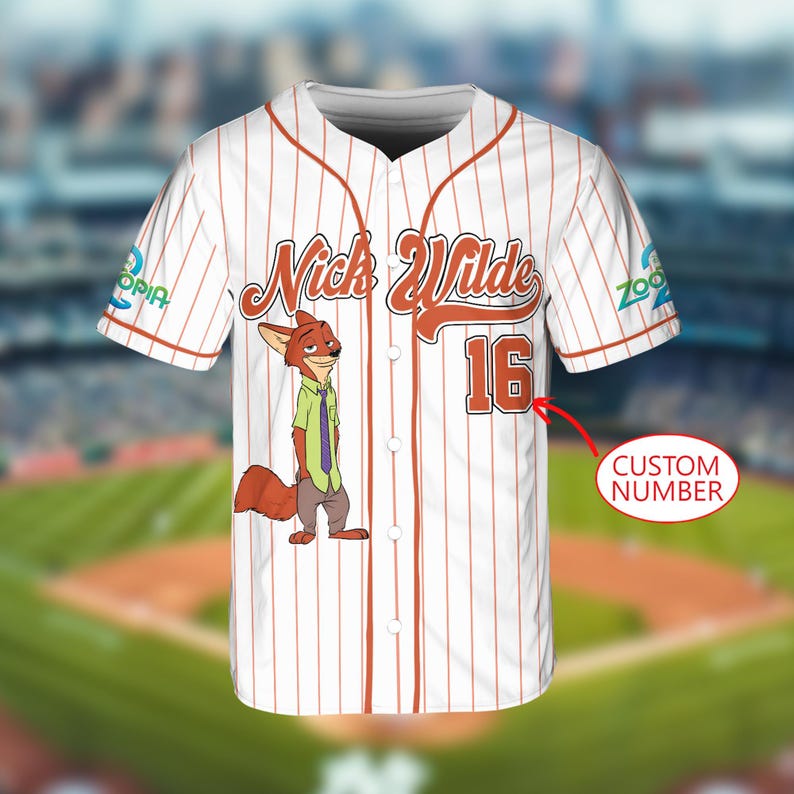 May include: White baseball jersey with red pinstripes, featuring the name "Nick Wilde" in orange script and the number "16". A cartoon fox character is on the front. The jersey has a button-up front and short sleeves.