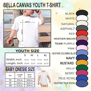 May include: White Bella Canvas youth t-shirt with size chart. The chart shows measurements in inches for width and length for sizes S, M, L, and XL. Also includes a baby onesie size chart with measurements in centimeters.