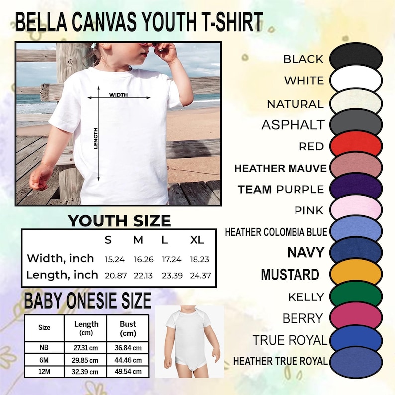 May include: White Bella Canvas youth t-shirt with size chart. The chart shows measurements in inches for width and length for sizes S, M, L, and XL. Also includes a baby onesie size chart with measurements in centimeters.