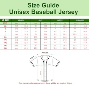 May include: Size guide for a unisex baseball jersey, with measurements in inches and centimeters. The chart includes sizes XS to 5XL, detailing length, bust, sleeve, and shoulder dimensions. A diagram of the jersey illustrates measurement points.