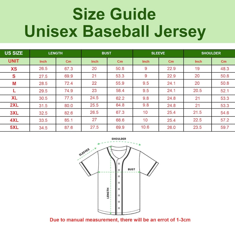 May include: Size guide for a unisex baseball jersey, with measurements in inches and centimeters. The chart includes sizes XS to 5XL, detailing length, bust, sleeve, and shoulder dimensions. A diagram of the jersey illustrates measurement points.