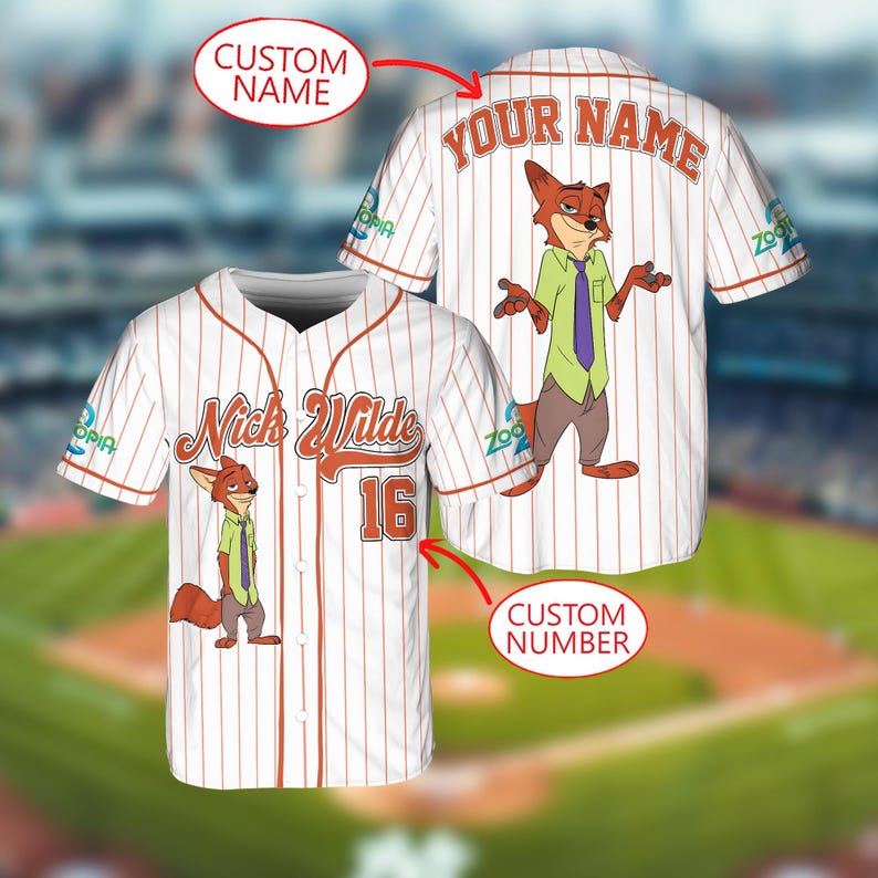 May include: White baseball jersey with red pinstripes featuring a cartoon fox character. The jersey has the name "Nick Wilde" and the number "16" on the front. The back of the jersey has the text "YOUR NAME" and a cartoon fox.