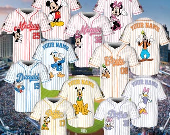 Personalize Disney Mickey & Friends Striped White, Custom Disneyland Jersey, Baseball Team, Disney Birthday gift, Disney Trip 2025