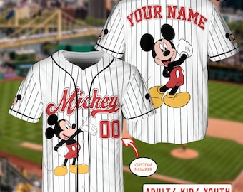 Personalize Disney Mickey Cute Striped White, Custom Kid Youth Adult Baseball Jersey, Baseball Team, Mickey Birthday, Gift for Disney Fans