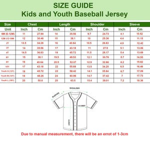 May include: Size guide for kids and youth baseball jerseys. The chart includes chest, length, shoulder, and sleeve measurements in inches and centimeters for sizes 6M to Youth L (16Y). A jersey diagram illustrates key measurement points.