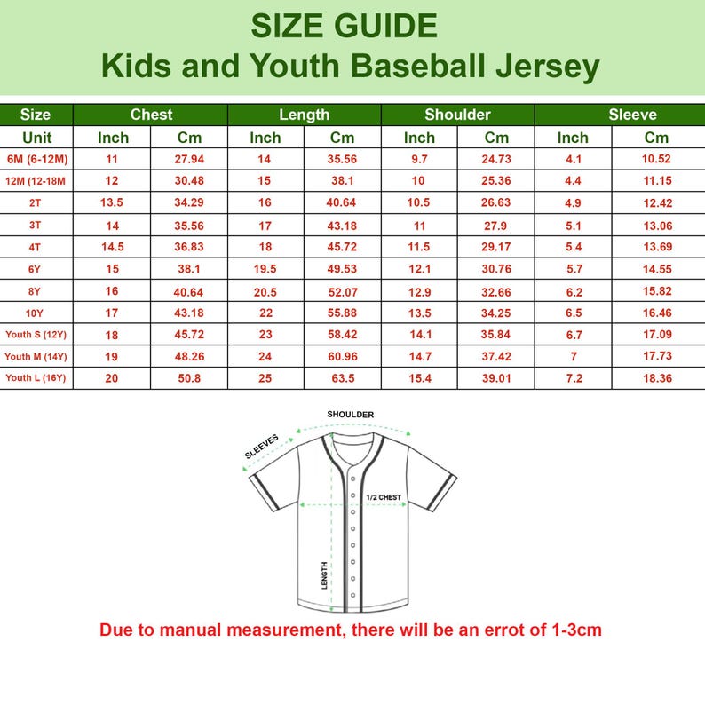 May include: Size guide for kids and youth baseball jerseys. The chart includes chest, length, shoulder, and sleeve measurements in inches and centimeters for sizes 6M to Youth L (16Y). A jersey diagram illustrates key measurement points.