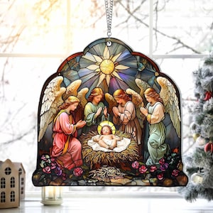 Angels Suncatcher Ornament, Jesus Birth Ornament, Religious Christmas Ornament, Christian Gifts, Faux Stained Glass Window Hangings