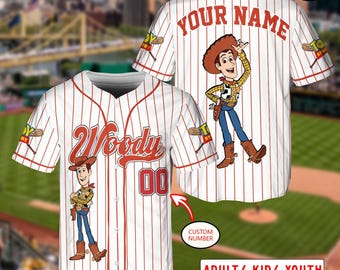 Custom Toy Story Woody Baseball Jersey, Disney Family Trip Shirt, Vintage Disney Jersey for Kids & Adults, Disney Fan Birthday Gift