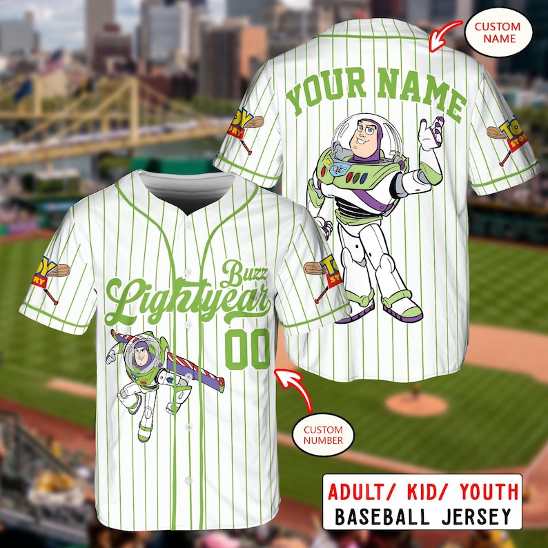 May include: White baseball jersey with green pinstripes and Buzz Lightyear graphics. The jersey features the text "Buzz Lightyear" and "00" on the front, and "YOUR NAME" on the back. The jersey is available in adult, kid, and youth sizes.