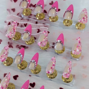 Pink French Tip Press On Nails,  Handmade Nails, French Nails, Accent Nails,  Multiple Size Nails, Pink dots, Rhinestone Nails