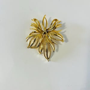 May include: A gold-toned brooch in the shape of a stylized flower with multiple petals. The brooch has a textured finish.