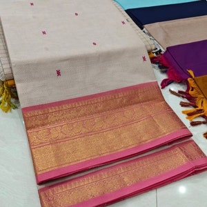 Off-white color with lotus pink border | Chettinad | Pure Cotton | Zari Borders