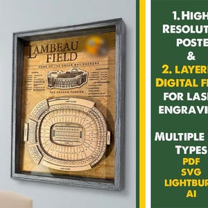 Puede incluir: Una obra de arte enmarcada de madera de Lambeau Field, hogar de los Green Bay Packers, con el texto "Lambeau Field" y "The Frozen Tundra". La obra de arte incluye un diseño detallado del estadio. La imagen también incluye texto: "High Resolution Poster & Layered Digital Files for Laser Engraving."