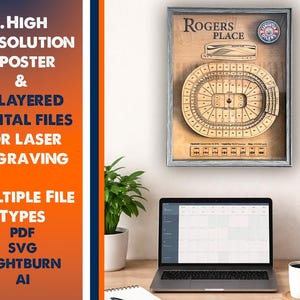 Op de afbeelding: Een houten kunstwerk in een lijst van de Rogers Place arena, met het logo van de Edmonton Oilers. Het kunstwerk wordt weergegeven boven een laptop en een koffiekopje. Tekst aan de linkerkant van de afbeelding luidt: "1. HIGH RESOLUTION POSTER & 2. LAYERED DIGITAL FILES FOR LASER ENGRAVING".
