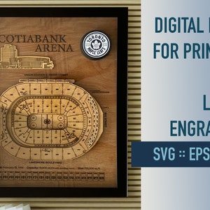 Toronto Maple Leafs Scotiabank Arena Sitzplan mit Gebäude. Digitale Dateien für den Posterdruck oder die Lasergravur. Geschichtet.