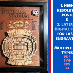 May include: A framed wooden plaque with a detailed map of Highmark Stadium, home of the Buffalo Bills. The plaque includes a wall of fame and a small blue and white football helmet. The image includes the text "HIGHMARK STADIUM HOME OF THE BUFFALO BILLS WALL OF FAME".