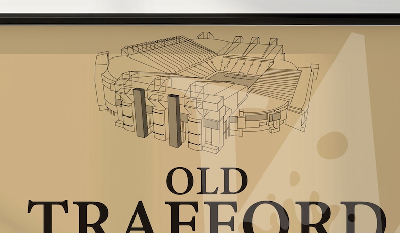 May include: A black and white line drawing of Old Trafford, a famous soccer stadium in Manchester, England. The drawing is on a beige background with the words "Old Trafford" printed below the stadium.