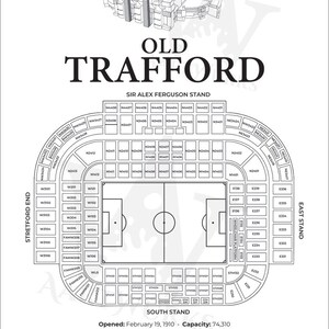 May include: A black and white diagram of Old Trafford, a football stadium in Manchester, England. The diagram shows the layout of the stadium, including the stands, pitch, and other features. The stadium's name, "Old Trafford", is written in large letters at the top of the diagram. The diagram also includes the text "Sir Alex Ferguson Stand" and "South Stand".