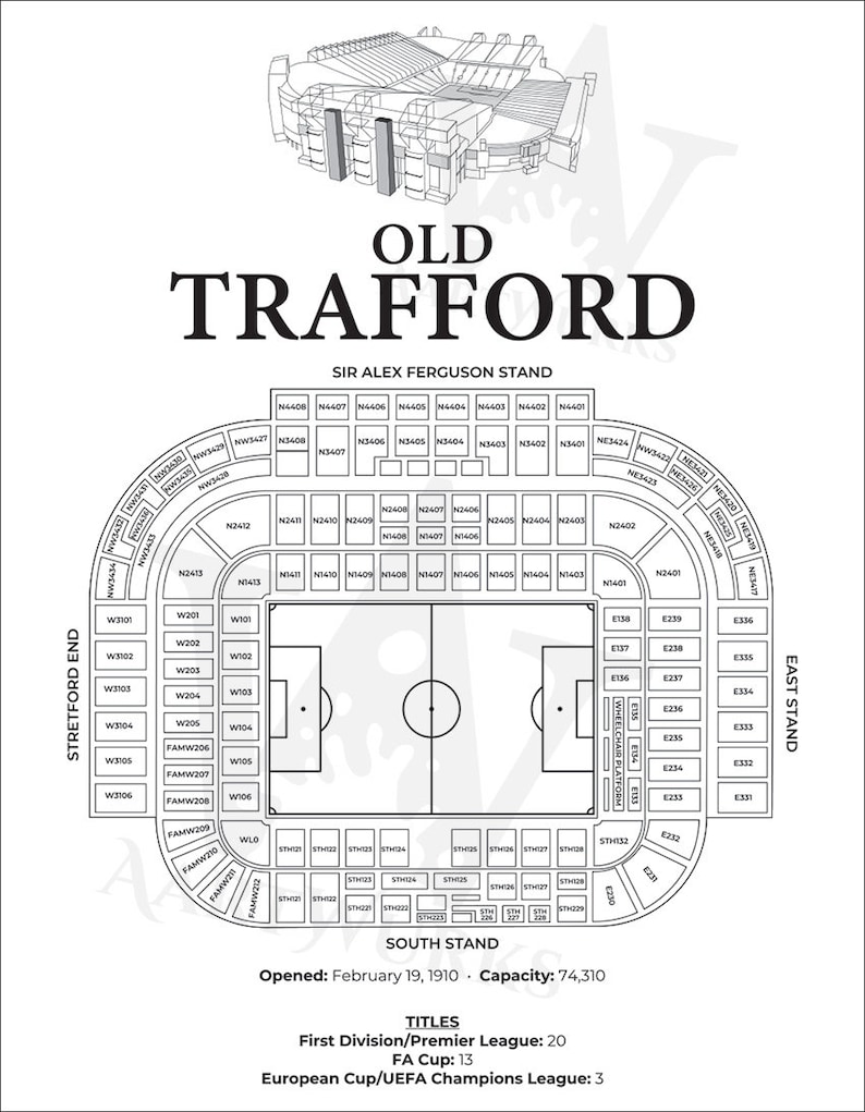 May include: A black and white diagram of Old Trafford, a football stadium in Manchester, England. The diagram shows the layout of the stadium, including the stands, pitch, and other features. The stadium's name, "Old Trafford", is written in large letters at the top of the diagram. The diagram also includes the text "Sir Alex Ferguson Stand" and "South Stand".