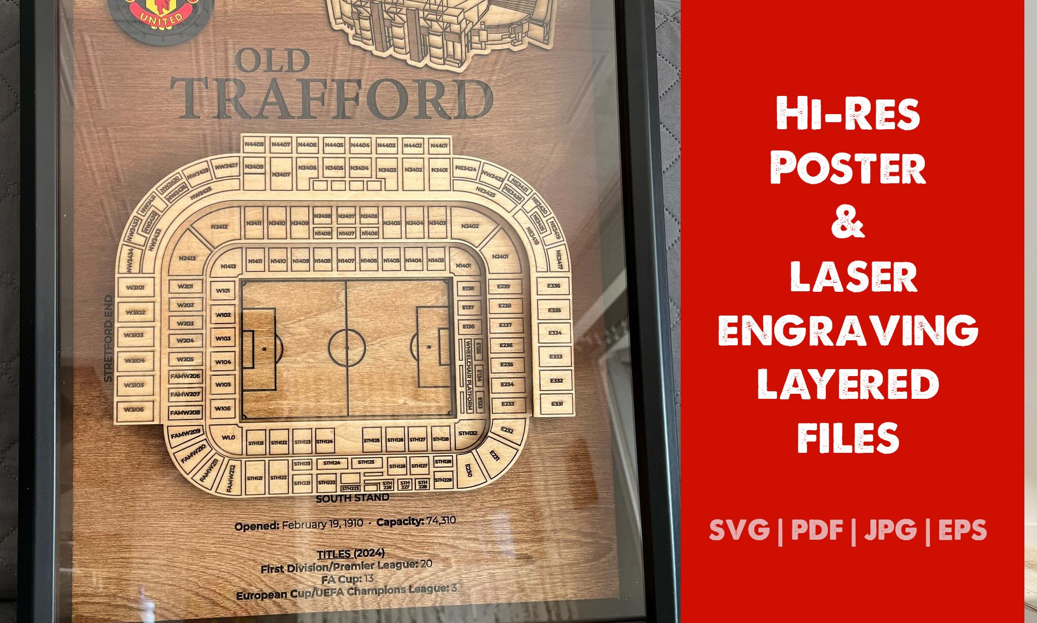 マンチェスター ユナイテッド オールド トラフォード アートポスター A2版 オールド・トラッフォードの座席表ポスターとレイヤードレーザー彫刻