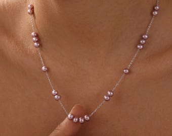 Freshwater Pearl Necklace Gift | Mauve Pink Pearl Station Necklace | 925 Silver Adjustable | Everyday Layering Jewelry